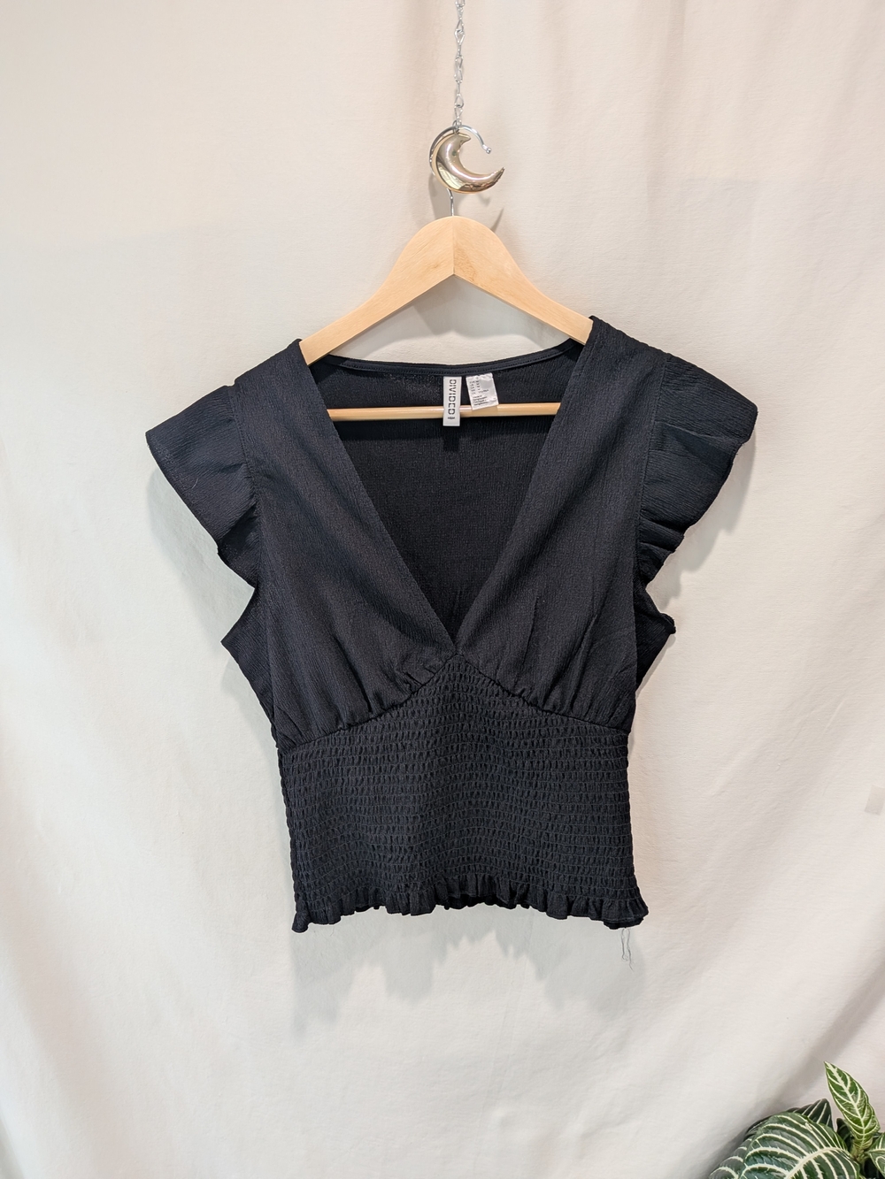 H&M Black Smocked V-Neck Ruffle Sleeve Camisole